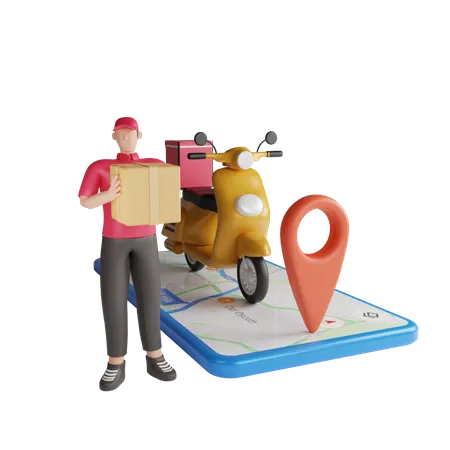 Delivery man going to delivery location on bike  3D Illustration