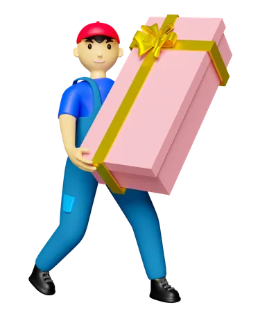 Cartoon Character Delivery Man Hold Gift Box Fast Package Shipping 3D Illustration