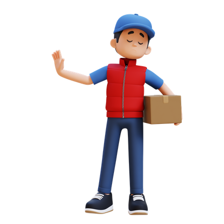 Delivery Man Holding Box With Stop Gesture With Eyes Closed  3D Icon