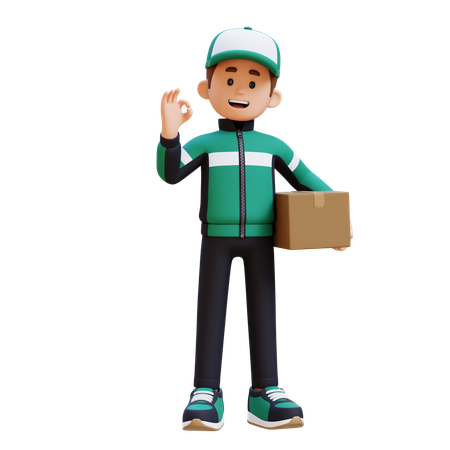 Delivery Man Holding Cardboard Box And Giving Ok Sign  3D Icon