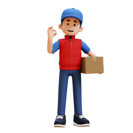 Delivery Man Holding Cardboard Box And Giving Ok Sign  3D Icon