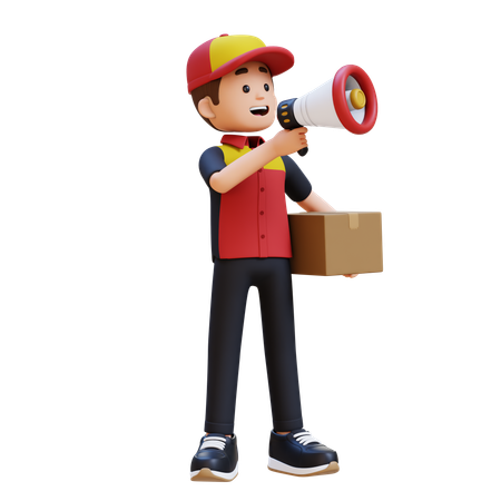 Delivery Man Holding Cardboard Box And Megaphone  3D Icon