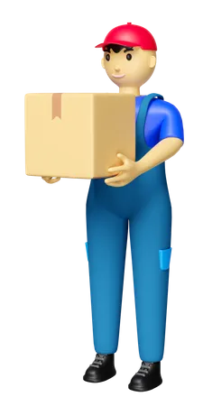 Cartoon Character Delivery Man Hold Goods Cardboard Box Fast Package Shipping 3D Illustration