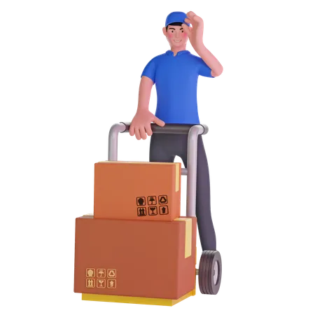 Delivery man holding courier hand on cap and trolley 3D Illustration