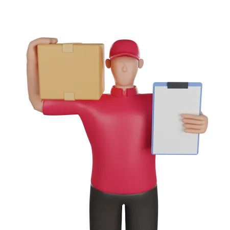 Delivery man holding delivery list and parcel  3D Illustration