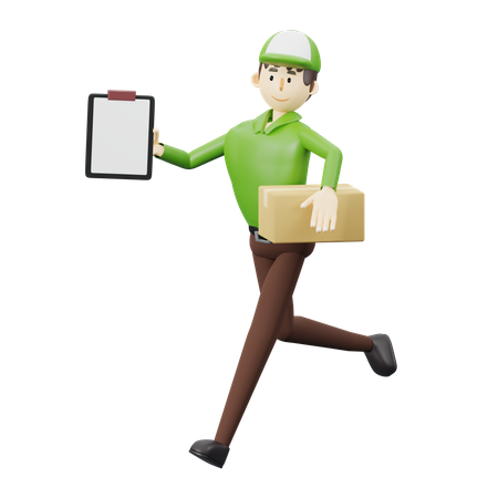 Delivery man holding delivery list and parcel 3D Illustration