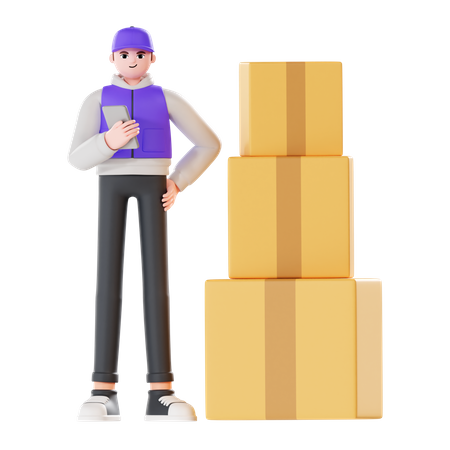 Delivery man holding delivery list and parcel  3D Illustration