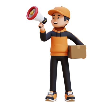 Delivery Man Holding Megaphone And Package  3D Icon