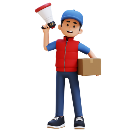 Delivery Man Holding Package And Megaphone  3D Icon
