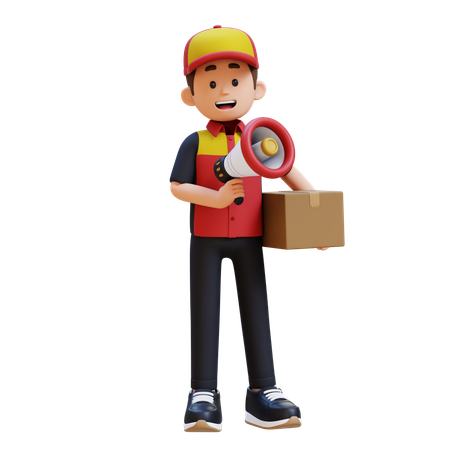 Delivery Man Holding Package And Megaphone  3D Icon