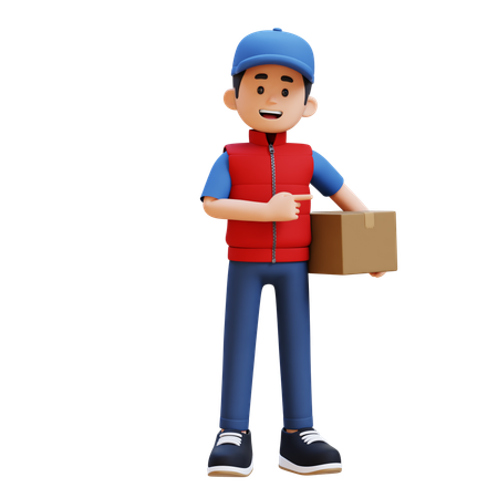 Delivery Man Holding Package And Pointing  3D Icon