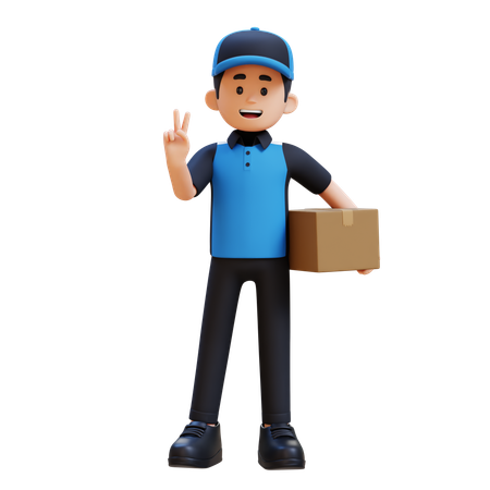 Delivery Man Holding Package And Showing Peace Sign  3D Icon