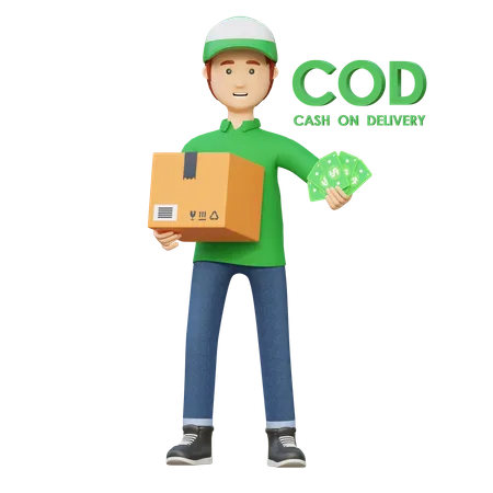 Delivery Man Holding Package Box Cash On Delivery 3 D Cartoon Illustration 3D Illustration