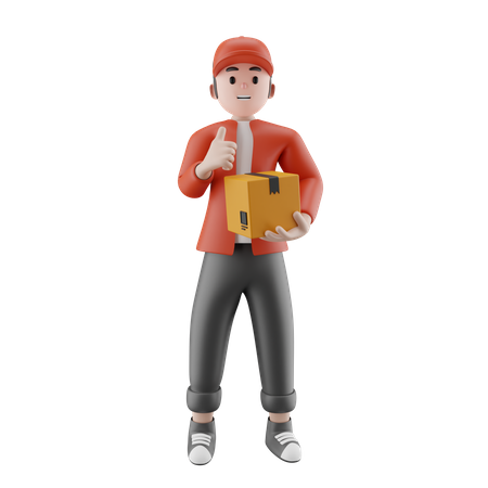 Delivery man holding package box showing thumbs up  3D Icon