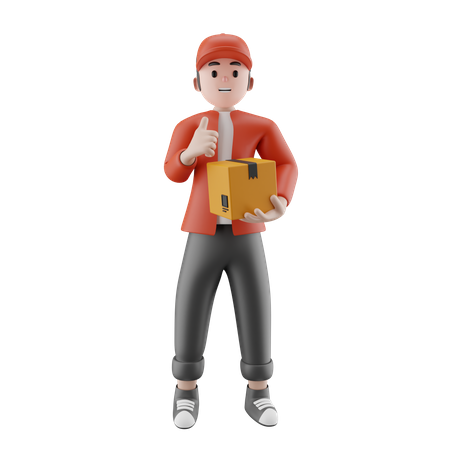 Delivery man holding package box showing thumbs up  3D Illustration