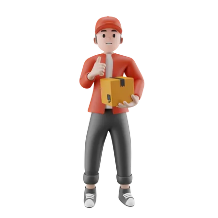 Delivery man holding package box showing thumbs up  3D Illustration