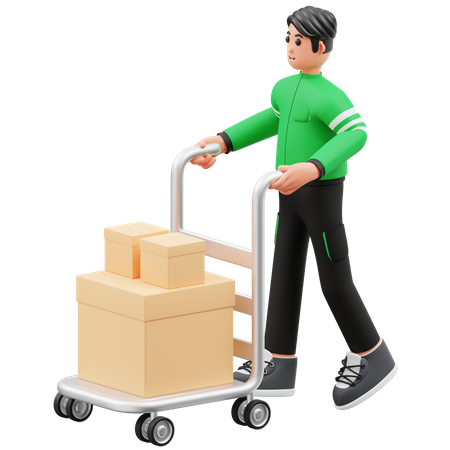 Delivery man holding package dolly 3D Illustration