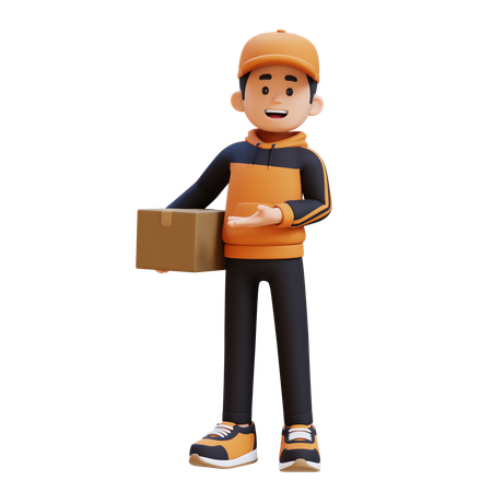 Delivery Man Holding Package While Showing Left  3D Icon