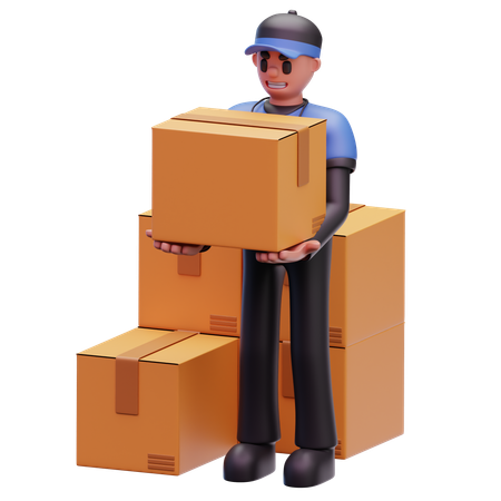Delivery Man Holding Package With More Parcels  3D Icon
