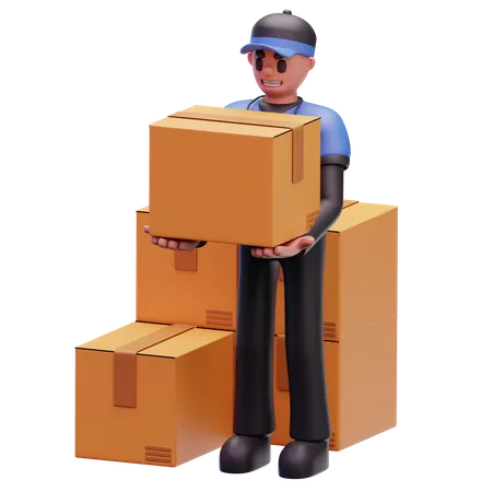 Delivery Man Holding Package With More Parcels  3D Icon