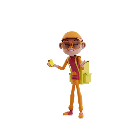 Delivery man holding smartphone  3D Illustration