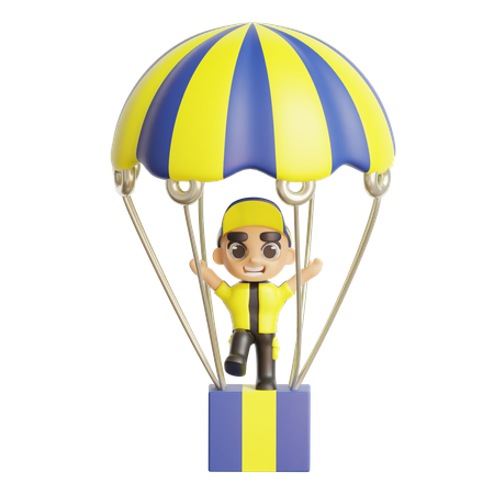 Delivery man landing with parachute  3D Illustration