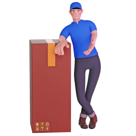 Delivery Man In Uniform Leaning On Big Package Cardboard Boxes On Transparent Background 3 D Illustration 3D Illustration
