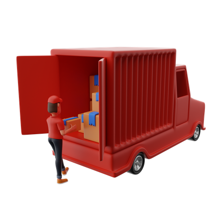 Delivery Man Loading Packages In Delivery Truck  3D Icon