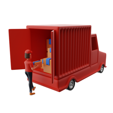 Delivery Man Loading Packages In Delivery Truck  3D Illustration