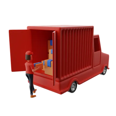 Delivery Man Loading Packages In Delivery Truck  3D Illustration