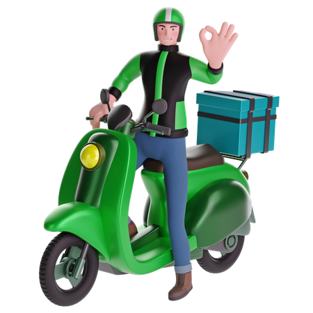 Delivery man making OK hand sign gesture while riding motorcycle with delivery box  3D Illustration