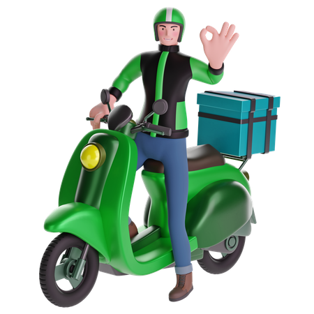 Delivery man making OK hand sign gesture while riding motorcycle with delivery box  3D Icon