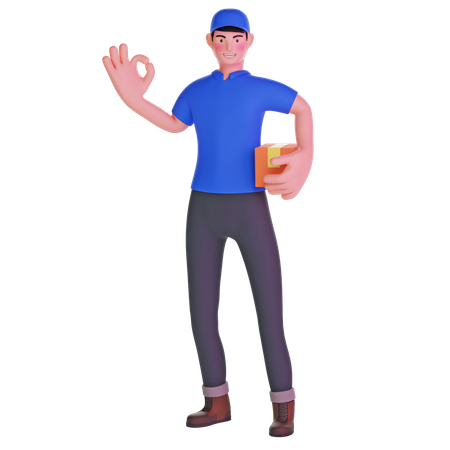 Delivery Man Making OK Sign and holding package  3D Illustration