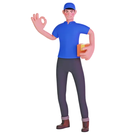 Delivery Man Making OK Sign and holding package  3D Illustration