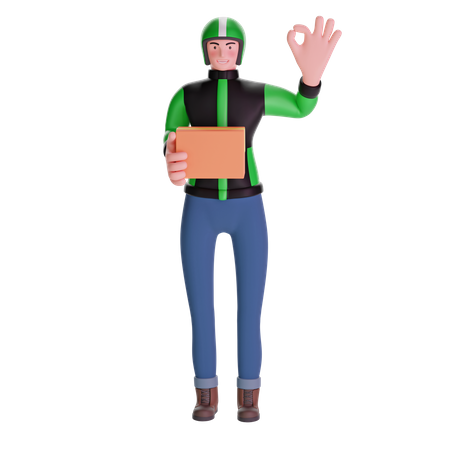 Delivery Man Making OK Sign and holding package  3D Illustration