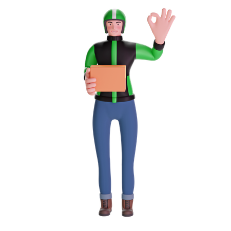 Delivery Man Making OK Sign and holding package  3D Illustration