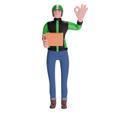 Delivery Man Making OK Sign and holding package  3D Illustration