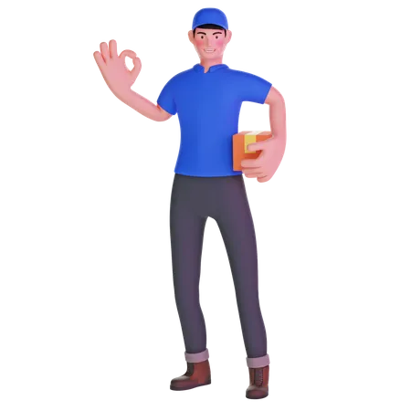 Delivery Man Making OK Sign and holding package 3D Illustration