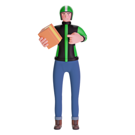 Delivery man pointing at package  3D Illustration