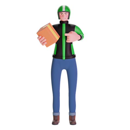 Delivery man pointing at package 3D Illustration