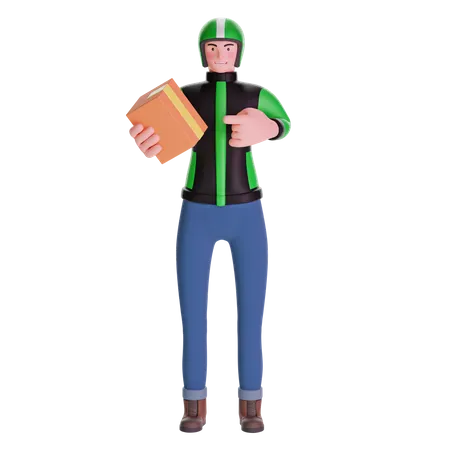 Delivery man pointing at package  3D Illustration