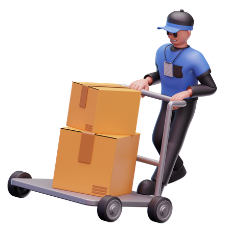 Delivery Man Pushing Logistic Cart  3D Icon