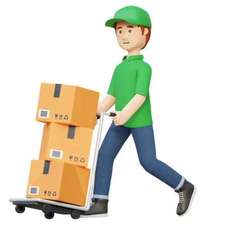 Delivery man pushing package box using wheel cart  3D Illustration