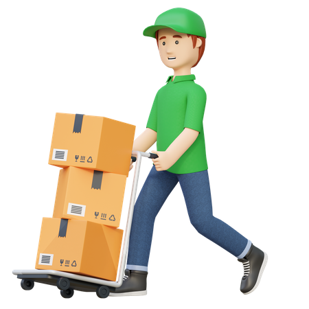 Delivery man pushing package box using wheel cart  3D Illustration