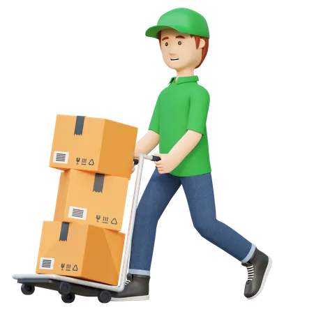 Delivery Man Pushing Package Box Using Wheel Cart 3 D Cartoon Illustration 3D Illustration