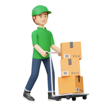 Delivery Man Pushing Package Box Using Wheel Cart 3 D Cartoon Illustration 3D Illustration