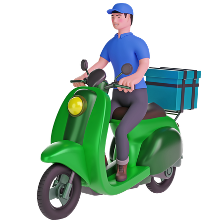 Delivery man riding a motorcycle with delivery box  3D Illustration