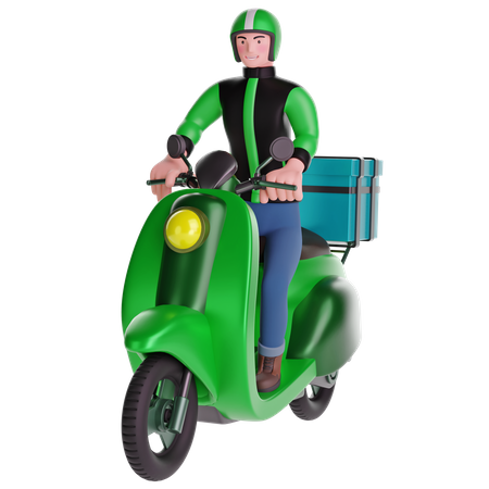 Delivery man riding a motorcycle with delivery box 3D Illustration