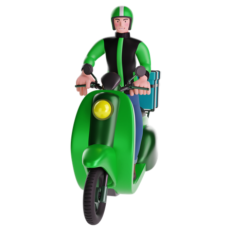 Delivery man riding a motorcycle with delivery box  3D Illustration