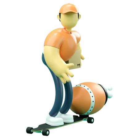 Delivery man riding skateboard  3D Illustration